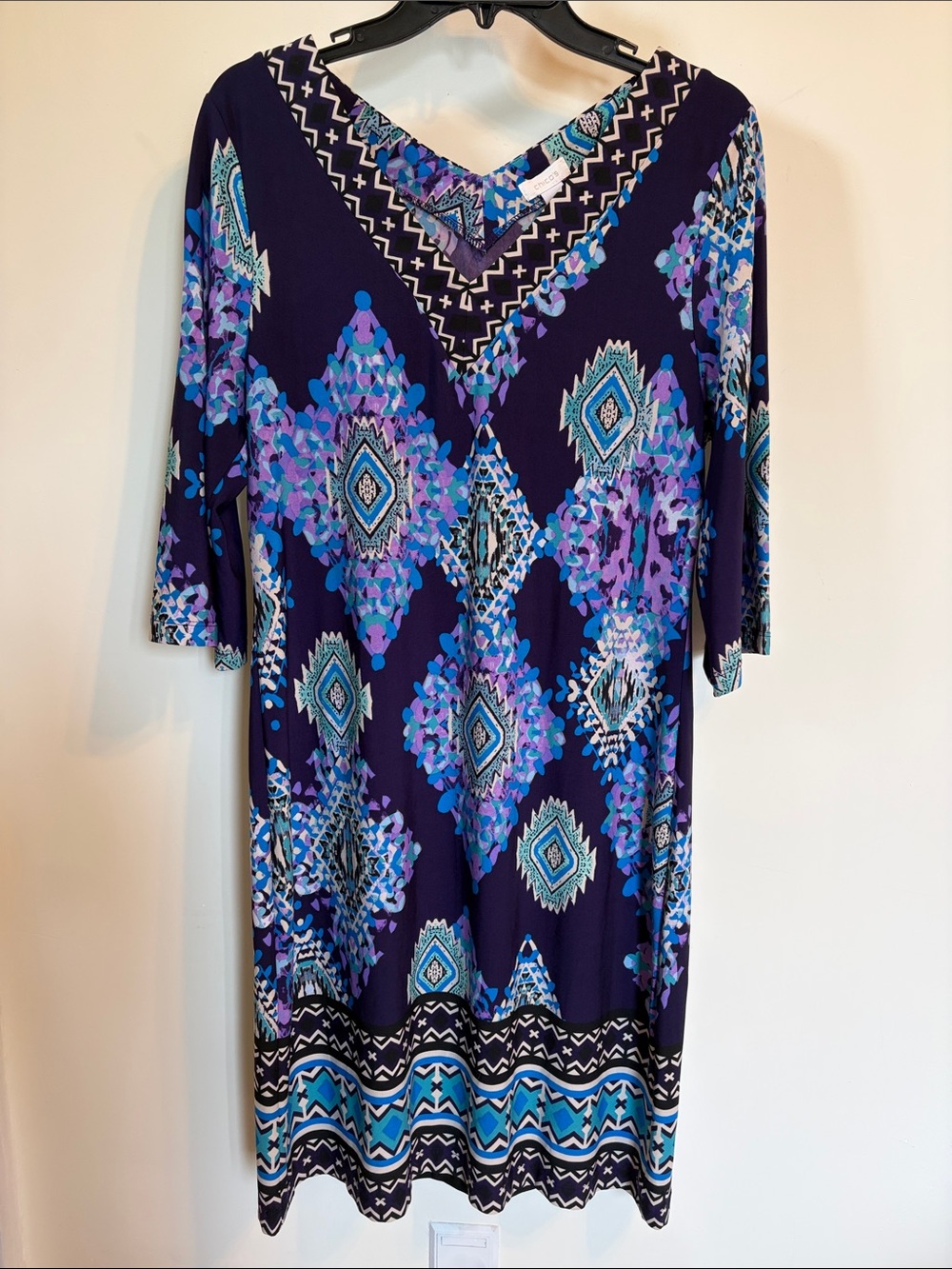 Chico’s Geometric Medallion Border Print Dress Size 1 M Purple Blue V Neck